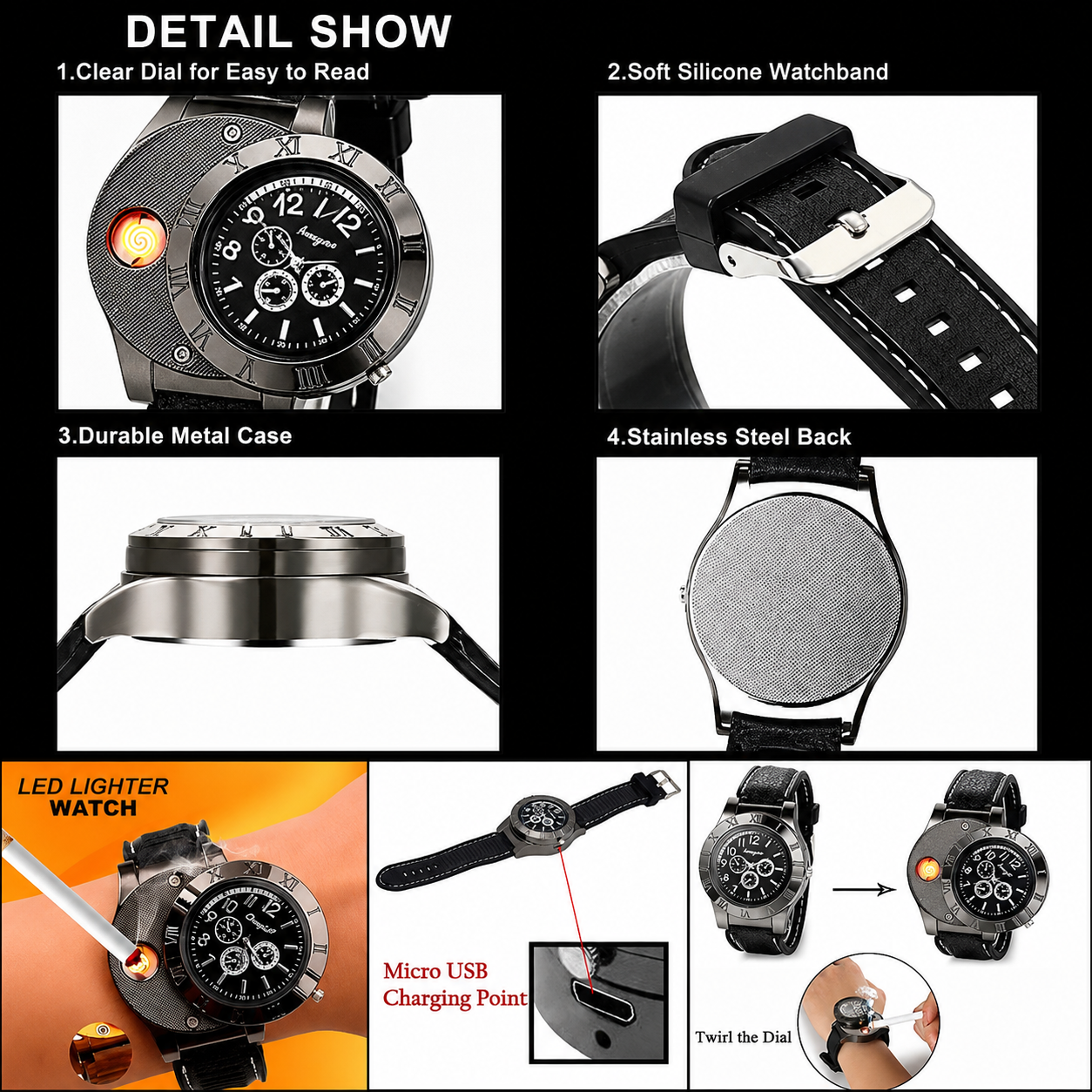 LED Lighter Watch for Men USB Rechargeable